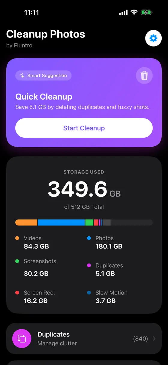 Cleanup Photos home screen showing a storage breakdown