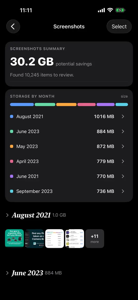 Cleanup Photos screenshots review list grouped by month