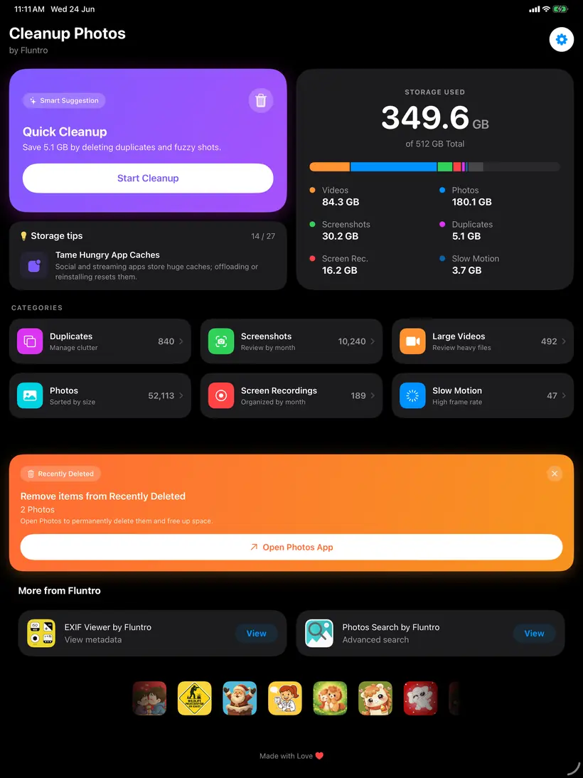 Cleanup Photos on iPad showing the storage breakdown