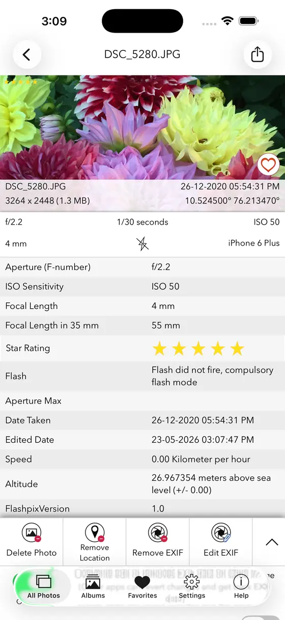 EXIF Viewer detail screen with the complete metadata for a single photo