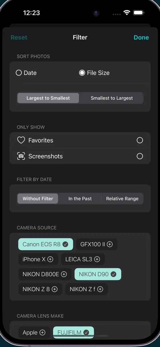 Photos Search filter panel for camera and lens model