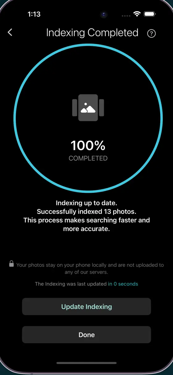 Photos Search showing indexing completed status